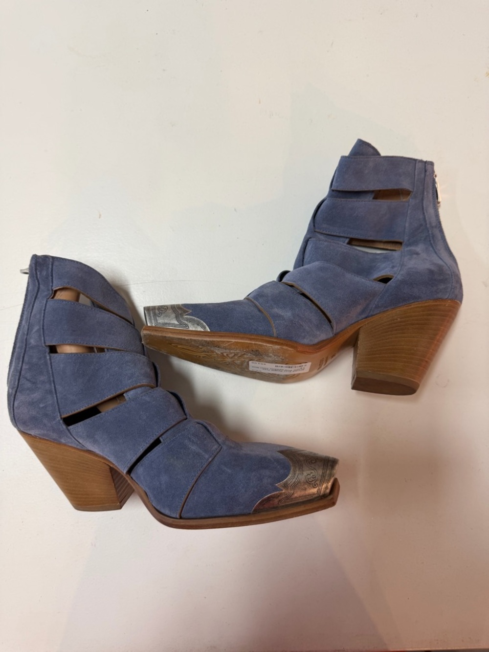 Free People Dusty Blue Suede Cutout Ankle Boots with Metal Toe